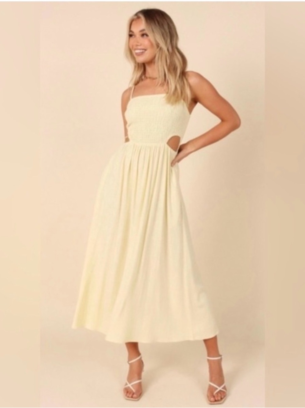 Petal & Pup Cream Smocked Midi Dress with Side Cutouts *golden yellow*